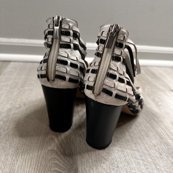 Banana Republic Shoes Womens Size 9 Black White Woven Strappy Heeled Sandals Zip - Picture 6 of 11